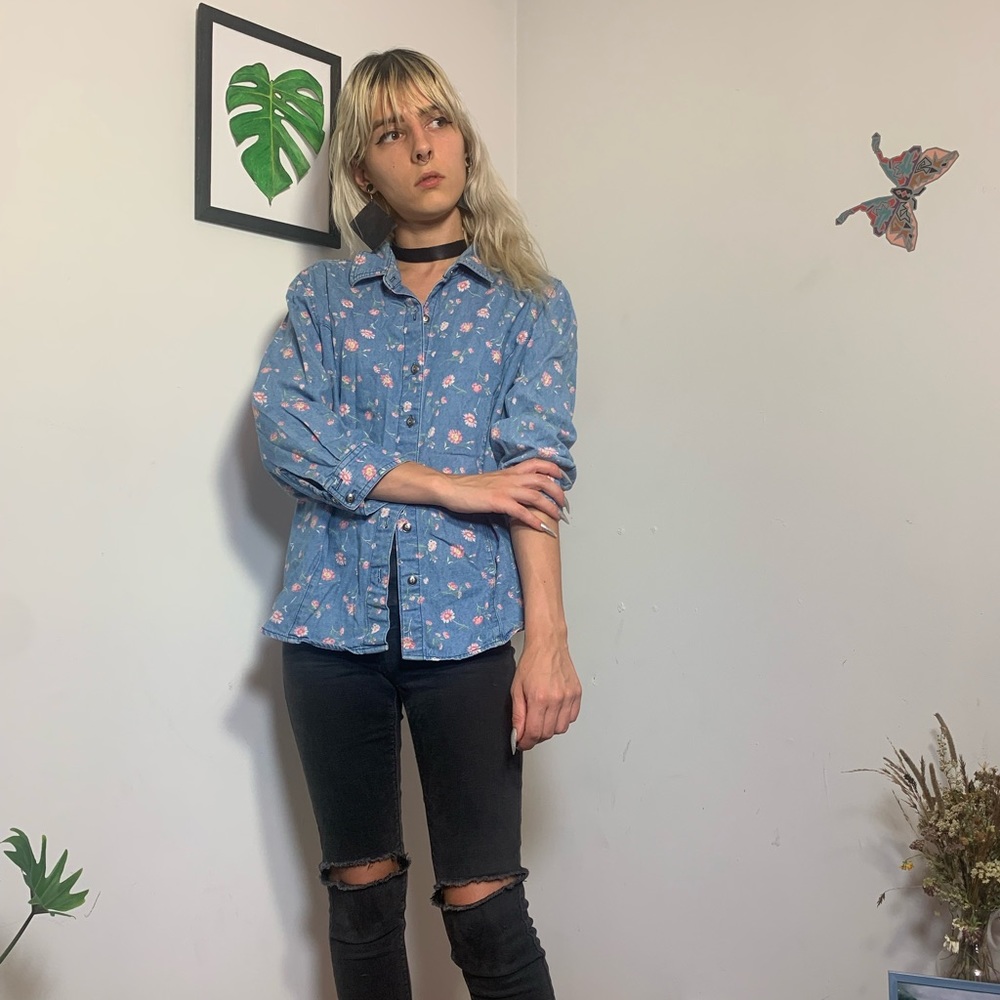 Vintage Floral Pattern Denim Button Down / Jacket